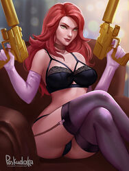 1girls 2d alternate_eye_color black_lingerie bra choker cleavage cops_and_robbers_series elbow_gloves female green_eyes gun guns large_breasts league_of_legends legs_crossed lingerie long_hair miss_fortune paskudaka red_hair redhead secret_agent_miss_fortune sitting solo solo_female stockings the_grind_series thong