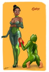 1boy 1girls 2016 barefoot big_breasts black_hair bra breasts brown_eyes christopher-stoll cleaning collar dark-skinned_female dark-skinned_male dark_skin disney disney_princess female femdom frog_suit green_bra high_heels human human_only large_breasts latex latex_bra looking_down male malesub prince_naveen romantic_couple rubber shiny_clothes text the_princess_and_the_frog tiana white_background wide_hips