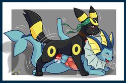 2boys 3_toes anal anal_sex anus arkoh arkoh_umbreon ass belly big_ass big_ears big_tail big_testicles black_fur blue_border blue_fur canine closed_eyes collar cum cum_in_ass cum_inside doggy_style eeveelution feet fellatio feral fur furry gay grey_background heavy_breathing hindpaw interspecies knot leg_up male male_only motion_lines nintendo nude on_side pawpads paws penetration penis pokémon_(species) poke_ball pokemon pokemon_(species) pokemon_gsc pokemon_rgby precum raised_leg rear_view red_eyes red_penis sex soles spread_legs stripes tagme tail testicles text umbreon vaporeon video_games watermark wide_hips yaoi yellow_fur