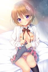 :p bangs bed_sheet black_legwear blush breasts brown_hair closed_mouth collared_shirt commentary_request eyebrows_visible_through_hair female flower gochuumon_wa_usagi_desu_ka? hair_flower hair_ornament head_tilt hoto_cocoa indoors kneehighs legs_together lifted_by_self looking_at_viewer nipples no_bra on_bed open_clothes open_mouth open_shirt panties pink_panties plaid plaid_skirt purple_eyes ribbon shibainu_niki shirt short_hair sitting skirt skirt_lift small_breasts smile solo speech_bubble striped striped_ribbon tongue tongue_out unbuttoned underwear white_pillow white_shirt