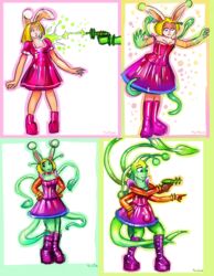 2008 4_arms alien_girl antennae blonde_hair bulge bunny_girl clogs corset dress female furry furry_only futa_only futanari green_body green_skin green_tentacles gun intersex latex multi_arm multi_limb original penis_under_clothes pink_fur shiny_skin tentacle transformation turbinedivinity