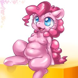 2015 anthro belly blue_eyes box_xod breasts earth_pony equine eyelashes female friendship_is_magic fur horse low_res mammal my_little_pony navel nipples open_mouth overweight overweight_female pink_fur pinkie_pie_(mlp) pony pussy semi-anthro simple_background solo straight_hair tongue white_background