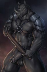 2017 abs anthro armor balls bdsm biceps big_penis bondage bondage_gear bound furry grey_penis harness highres horn humanoid_penis large_balls leather_straps looking_at_viewer male male_only mammal muscles muscular_male nipples nude partially_retracted_foreskin pecs penis pose pubic_hair rakisha rhinoceros ryan_carthage seductive seductive_smile shoulder_armor simple_background solo solo_focus standing submissive submissive_male tattoo triceps uncut vein veiny_muscles veiny_penis