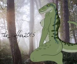 1girls anthro blue_(jurassic_world) blue_stripes breasts dinosaur female nipples nude raptor rrv2 scales scalie solo the_yiffer2015 yellow_eyes