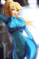 1futa balls_in_bodysuit big_breasts big_bulge blonde_hair blue_eyes bodysuit breasts bulge cleavage dickgirl futa_only futanari gasaiv intersex large_breasts looking_at_viewer metroid nintendo penis_in_bodysuit penis_under_clothes samus_aran skin_tight solo tight_clothing zero_suit zero_suit_samus