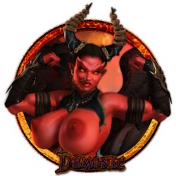 1girls 3d bare_shoulders becarra big_breasts black_hair bracer busty chains cleavage curvy demon_horns detailed_background ear_piercing earrings english_text erect_nipple erect_nipples eyelashes fallen_angel female female_only fingerless_gloves front_view gloves horns hourglass_figure humanoid jelana_grey looking_at_viewer makeup muscle muscular muscular_female necklace orange_eyes piercing pose posing red_lips red_skin shadow sharp_fingernails shiny shiny_skin short_hair solo standing text voluptuous wide_hips wings