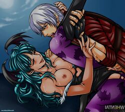 aqua_hair artist_request bat_wings blush breasts capcom clitoris clothed_sex clothing crossover crossover_pairing dante darkstalkers devil_may_cry devil_may_cry_3 erect_nipples female fringe_hair gloves green_hair grey_hair jacket lipstick marvel_vs._capcom marvel_vs._capcom_3 morrigan_aensland nipples one_leg_up penis pussy red_jacket small_breasts smile spread_legs succubus tongue tongue_out topless torn_clothes vaginal_penetration