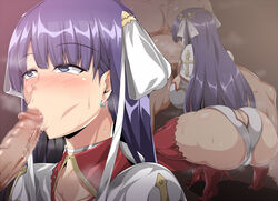 1boy ass bangs blush censored choker earrings eyebrows_visible_through_hair fate/grand_order fate_(series) fellatio female long_hair looking_at_another multiple_views penis purple_eyes purple_hair saint_martha saintshiro shiny_skin sweat thighhighs visible_air