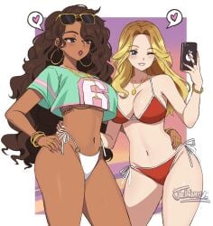 2girls absurdres aqua_shirt artist_name bikini bikini_under_clothes blonde_hair blue_eyes bracelet breasts brown_eyes brown_hair cellphone cropped_shirt dark-skinned_female dark_skin earrings eyewear_on_head fingernails grand_theft_auto grand_theft_auto_v grand_theft_auto_vi grin gtav_cover_girl highres holding holding_object holding_phone interracial interracial_yuri jewelry large_breasts long_hair love multiple_girls navel necklace phone pink_background rockstar_games selfie selfie_with_penis selfpic shirt smile standing standing_up sunglasses swimsuit teeth twitter vice_city_cover_girl video_game_character video_game_franchise video_games white_bikini yuri