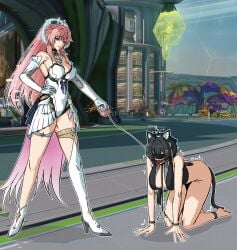 2girls aemeath_(wuthering_waves) artist_request ball_gag bdsm bikini_top bitch_taken_for_walk black_hair blindfold bound_wrists cat_ears cat_tail catgirl collar female female_ female_only femsub gag leash leash_and_collar lesbian lesdom lezdom mistress_and_slave on_all_fours petplay pink_hair public public_exposure public_indecency rover_(wuthering_waves) slave_girl slavegirl wuthering_waves yuri