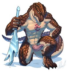 2018 absurd_res animal_genitalia digital_media_(artwork) erection hand_on_thigh head_down hi_res kneeling lizard lizardman_(overlord) looking_at_viewer looking_up male male_only markings melee_weapon nude overlord_(maruyama) penis precum reptile rollwulf scalie simple_background smaller_version_at_source solo sword tattoo tribal_tattoo weapon zaryusu_shasha