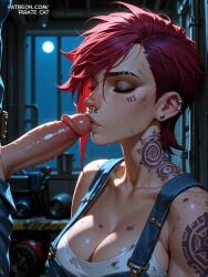 1boy 1boy1girl 1girls ai_generated arcane arcane_vi blowjob blue_eyes denim_clothing dick dirty female kissing_penis lips night penis pink_hair pirate_cat stain tattoo vi_(league_of_legends) white_shirt