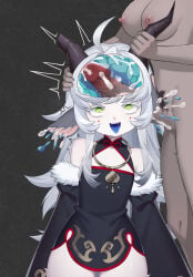 1boy 1girl absurdres artist_request blood brain censored character_request china_dress chinese_clothes cleavage_cutout clenched_teeth clothed_female_nude_male clothing_cutout collar commentary_request commission copyright_request cum cum_in_ear death demon detached_sleeves dress ero_guro flat_chest furry futanari goat goat_girl green_eyes guro hetero highres horns long_hair mosaic_censoring necrophilia nude penis second-party_source shirt skull_fucking smile smirk teeth tongue tongue_out twitching virtual_youtuber white_shirt x-ray