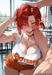 1boy 1girl ai_assisted ai_generated bangs blue_eyes blush boudica_(fate) boudica_(fate/grand_order) breasts cleavage clothed_female_nude_male cum curvaceous curvy curvy_female curvy_figure erection eyebrows_visible_through_hair fate/grand_order fate_(series) fellatio female heart hetero hooters hooters_uniform indoors large_breasts looking_at_viewer miyuai oral out_of_frame penis pov red_hair short_hair short_shorts shorts smile solo_focus tank_top thick thick_ass thick_butt thick_hips thick_legs thick_thighs thighs veins voluptuous voluptuous_female wide_hips wide_thighs