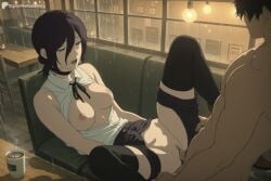 1boy 1girl ai_generated black_choker black_hair black_ribbon black_shorts black_thighhighs breasts breasts_out chainsaw_man choker clothed_female_nude_male clothed_sex coffee coffee_mug collared_shirt couch cup digitalwaifugallery green_eyes hair_between_eyes hair_bun hetero hi_res high_quality high_resolution indoors medium_breasts missionary mug neck_ribbon nipples no_bra nude open_clothes open_mouth open_shirt patreon penis pussy rain reze_(chainsaw_man) ribbon seductive sex sexy shirt short_hair shorts single_hair_bun sleeveless sleeveless_shirt spread_legs table thighhighs uncensored vaginal watermark white_shirt window