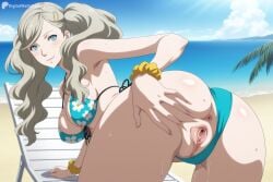 1girl ai_generated ann_takamaki anus ass beach bikini bikini_bottom_aside blonde_hair blue_eyes blush breasts cleavage clothing_aside day digitalwaifugallery hair_ornament hairclip hi_res high_quality high_resolution large_breasts long_hair looking_at_viewer looking_back ocean outdoors patreon patreon_username presenting pussy scrunchie seductive sexy sky smile solo spread_pussy sweat swept_bangs swimsuit thighs twintails uncensored watermark wrist_scrunchie