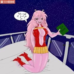 bed black_eyes boku_no_hero_academia boots cosplay holding_object horn horns latex mina_ashido momo_yaoyorozu my_hero_academia night open_mouth pink_hair pink_skin