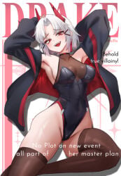 1female 1girls 2d 2d_(artwork) 2d_artwork alternate_version_at_source alternate_version_available armpits color drake_(nikke) english english_text eyebrow_through_hair eyebrows eyebrows_visible_through_hair eyelashes female female_focus female_only goddess_of_victory:_nikke horns magazine magazine_cover maviss_03 missilis_(nikke) no_ai not_ai not_ai_generated not_furry open_mouth questionable red_eyes shift_up simple_background solo solo_female solo_focus thick_thighs visible_teeth white_background white_hair white_hair_female
