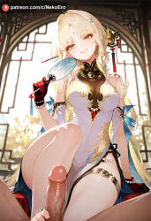 ai_generated bare_legs bare_thighs busty chinese_clothes footjob naughty_face penis wuthering_waves yellow_hair