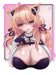 1girl 1girls absurdres ahoge alternate_breast_size_(larger) animal_ear_fluff animal_ears big_breasts blonde_hair breasts cat_ears cat_girl cleavage commentary english_commentary facial_mark fang female finger_to_mouth gloves hair_between_eyes highres huge_breasts indie_virtual_youtuber large_breasts long_hair looking_at_viewer massive_breasts multicolored_gloves red_eyes shihir0_(shihir09) solo squchan_(vtuber) tits two-tone_gloves virtual_youtuber vtuber whisker_markings