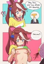 blush breasts chibicheeks lifting_shirt meme nosebleed shirt_lift showing_breasts small tokai_teio_(umamusume) trend umamusume your_bra_strap_is_showing_(meme)