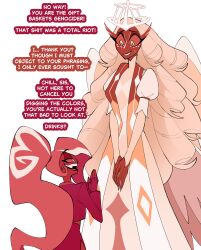 2girls amazon_prime angel angel_and_demon angel_girl angel_wings angelic clothed clothed_female conversation dark-skinned dark-skinned_female dark_skin dark_skinned_female demon demon_girl demoness dialogue halo hazbin_hotel hazbin_hotel_(season_2) height_difference hellaverse imminent_yuri sera_(hazbin_hotel) seraphim short shortstack spindlehorse_toons standing standing_up tall tall_female taller_female taller_girl text twitter velvette velvette_(hazbin_hotel) vivienne_medrano vivziepop white_halo yuri
