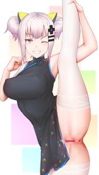 ;d alternate_costume alternate_hairstyle anus black_dress blue_eyes breasts china_dress chinese_clothes dress erect_nipples eyebrows_visible_through_hair female flexible ginhaha grin hair_bun hair_ornament heart heart-shaped_pupils kaguya_luna kaguya_luna_(character) large_breasts leg_up looking_at_viewer no_panties one_eye_closed open_mouth pubic_hair pussy silver_hair smile solo splits symbol-shaped_pupils teeth thighhighs vertical_splits virtual_youtuber white_legwear