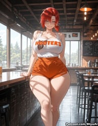 1girl ai_assisted ai_generated bare_shoulders blue_eyes blush boudica_(fate) boudica_(fate/grand_order) breasts cleavage clothes_writing collarbone curvaceous curvy curvy_female curvy_figure employee_uniform fate/grand_order fate_(series) female hooters hooters_uniform large_breasts looking_at_viewer miyuai name_tag no_legwear orange_shorts ponytail red_hair short_hair short_shorts shorts smile solo tank_top thick thick_ass thick_butt thick_hips thick_legs thick_thighs thighs voluptuous voluptuous_female wide_hips wide_thighs