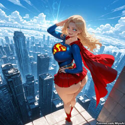 1girl ai_assisted ai_generated ass blonde_hair blue_eyes breasts building cape city curvaceous curvy curvy_female curvy_figure day dc dc_comics female huge_breasts kara_danvers kara_zor-el large_breasts long_hair looking_at_viewer miyuai pleated_skirt red_cape shiny skirt sky smile solo supergirl superhero superman_(series) thick thick_ass thick_butt thick_hips thick_legs thick_thighs thighs voluptuous voluptuous_female wide_hips wide_thighs