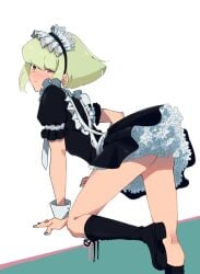 1boy 1femboy androgynous annoyed_expression ass ass_focus blonde_hair blush blushing blushing_at_viewer bob_cut boots crossdressing dress embarrassed femboy femboy_only feminine_faced_male feminine_male frills girly lio_fotia looking_at_viewer maid maid_apron maid_dress maid_headdress maid_outfit maid_uniform male_maid miniskirt nervous painted_nails petite petite_body petite_male petticoat pov promare questionable short_hair short_male short_skirt shy skirt_lift slim slim_male slim_waist solo suggestive suggestive_pose thin_waist tsundere twink