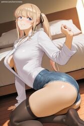 1girl ai_generated ass bangs black_legwear black_ribbon blonde_hair blue_eyes blush breasts buttons closed_mouth denim denim_shorts dress_shirt eyebrows_visible_through_hair hair_ribbon hi_res high_quality high_resolution indoors long_hair long_sleeves looking_at_viewer patreon pillow ribbon savvyraexo sawamura_spencer_eriri seductive sexy shiny shiny_skin shirt short_shorts shorts sidelocks smile solo thighhighs twintails uncensored watermark white_shirt wooden_floor