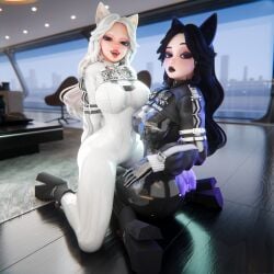 2girls 3d 3d_(artwork) big_ass big_breasts black_hair blender blender_(software) blender_cycles blue_eyes cat_ears cat_girl catgirl goth goth_girl huge_ass huge_breasts latex latex_clothing latex_suit solek_x solga white_hair white_skin