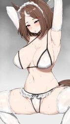 1girls big_breasts bikini blush breasts brown_hair elbow_gloves hands_behind_head headband horse_ears horse_tail kumiyabe light-skinned_female maid_headdress posing squatting sweat thighhighs tsurumaru_tsuyoshi_(umamusume) umamusume white_bikini