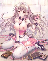 1girl apron blonde_hair blurry blush braided_hair breasts breasts_out cleavage collarbone cream detached_sleeves dress hair_between_eyes headdress heels high_heels highres indoors large_breasts long_hair long_sleeves looking_at_viewer maeda_shiori maid maid_headdress nipples no_bra original puffy_nipples shiny_skin shoes sitting solo sousouman spread_legs thighhighs thighs twinbox_school valentine wet