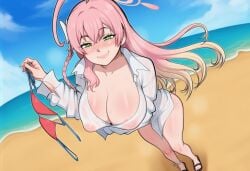 ai_generated areola_slip beach beach_background bikini_top blue_archive blush bottomless braided_hair cleavage feet flirting_look foreshortening green_eyes halo hanako_(blue_archive) hanako_(swimsuit)_(blue_archive) large_breasts long_hair looking_at_viewer nipples nipples_visible_through_clothing nipples_visible_through_shirt outdoors pink_hair removed_bra sandals seductive_smile see-through see-through_clothes see-through_clothing see-through_shirt self_upload solo_female standing sweat sweatdrop teasing unworn_bikini_top wet_body wet_shirt white_shirt
