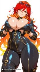 1girl ai_generated artist_name bangs black_gloves bodysuit breasts cleavage earrings eyewear_on_head fingerless_gloves genshin_impact gloves hair_between_eyes heart hoyoverse huge_breasts jacket jewelry large_breasts long_hair looking_at_viewer mavuika_(genshin_impact) mihoyo multicolored_hair orange_eyes patreon questionable red_hair senpai_pixels sensitive simple_background smile solo sunglasses sweat thighs white_background zipper