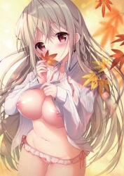 bikini blonde_hair breasts large_breasts long_hair maeda_shiori maple_leaf nipples no_bra open_shirt original see_through seifuku sousouman swimsuits twinbox_school undressing wet_clothes