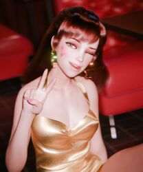 1girls 2026 3d 3d_(artwork) ;) alternate_version_available asian asian_female blender blizzard_entertainment breasts brown_hair brunette close-up clothed clothing d.va detailed_background dress face_markings facial_markings female female_focus female_only hana_song hi_res high_quality high_resolution highres korean korean_female lewdrex light-skinned_female light_skin medium_breasts one_eye_closed overwatch peace_sign pose posing presenting presenting_breasts showing_off smile smiling squat squatting squatting_position tongue tongue_out wink winking winking_at_viewer