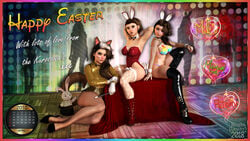 3d 3girls age_difference alternate_version_available asian bare_shoulders becarra big_breasts bikini bikini_bottom bikini_top blush boots bracer brown_eyes brown_hair bunny_girl bunnysuit busty choker cleavage curvy daughter detailed_background english_text erect_nipple erect_nipples eyelashes eyeshadow fake_animal_ears fake_tail female female_only fishnet fishnet_stockings footwear freckles front_view g-string gloves group hat high_heel_boots high_heels hitomi_kurosawa hourglass_figure human indoors inside legwear leotard long_hair looking_at_viewer makeup mature megumi_kurosawa midriff miko_kurosawa milf mother mother_and_daughter multicolored_hair multiple_females multiple_girls open_mouth pose posing room shadow shiny shiny_skin short_hair siblings sister sisters sitting skimpy spread_legs spreading stockings swimsuit text top_hat voluptuous white_gloves white_hair wide_hips