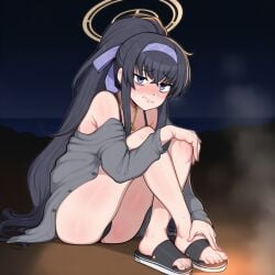 ai_generated ass bare_shoulders beach beach_background bikini bikini_bottom bikini_top black_hair blue_archive blue_eyes blush blushing blushing_at_viewer feet female female_only grey_jacket halo hand_on_foot hand_on_knee headband jacket jacket_open light_frown looking_at_viewer necklace night ponytail sandals self_upload shy sitting sitting_on_ground small_breasts solo solo_female sweat sweatdrop swimsuit thighs ui_(blue_archive) ui_(swimsuit)_(blue_archive) very_long_hair wavy_mouth