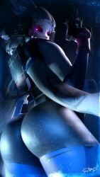 ass_focus holding_gun looking_at_viewer marathon_(bungie) vandal_(marathon) white_hair