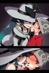 1boy 1girls ai_generated assertive_female black_hair black_lipstick blue_highlights crossover edit gloves hat hatsune_miku hatsune_miku_(dark-type_trainer) kissing lipstick lipstick_mark mona3806 pink_eyes pokemon pokemon_ss project_voltage saliva steamy_breath third-party_edit victor_(pokemon) vocaloid
