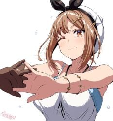 1girl 1girls atelier_(series) atelier_ryza bare_shoulders belko big_breasts breasts brown_eyes brown_hair closed_mouth collarbone female_focus gloves large_breasts looking_at_viewer one_eye_closed reisalin_stout single_glove solo white_background wink winking_at_viewer