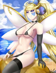 1girls beach_background bikini blonde_hair blue_eyes blue_sclera blush curvy duel_monster fairy female gloves heart heart_symbol hi_res horny large_breasts legwear light_skin looking_at_viewer loquillo loquillo66 medium_breasts mischievous_smile navel outside pose seductive_smile sitting smile solo trickstar trickstar_holly_angel younger_female yu-gi-oh! yu-gi-oh!_vrains