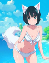 1girls bare_legs bare_shoulders beach blue_eyes blue_hair blushing botan_nagatsuki cleavage collarbone leaning_forward medium_breasts short_hair smiling string_bikini sweating white_bikini wolf_ears wolf_girl wolf_tail