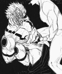2boys arm_tattoo bara black_background chest_tattoo closed_mouth collarbone commentary earrings extra_arms extra_eyes fangs gay gay_male greyscale highres jewelry jujutsu_kaisen male_focus monochrome multiple_boys pectorals penis ryoumen_sukuna_(jujutsu_kaisen) ryoumen_sukuna_(true_form)_(jujutsu_kaisen) short_hair smokerichi stomach_mouth tattoo teeth tongue tongue_out yaoi