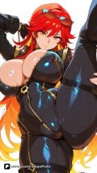 1girl ai_generated artist_name bangs biker_clothes black_bodysuit bodysuit breasts chain cleavage closed_mouth cropped_jacket earrings eyewear_on_head genshin_impact gloves hair_between_eyes hoyoverse huge_breasts jacket jewelry large_breasts leather leg_up long_hair looking_at_viewer mavuika_(genshin_impact) mihoyo orange_eyes patreon questionable red_hair senpai_pixels simple_background solo split standing standing_on_one_leg standing_split sunglasses sweat thigh_strap thighs unzipped white_background yellow_eyes zipper zipper_pull_tab