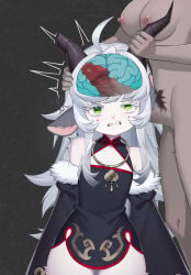 1boy 1girl absurdres artist_request brain censored character_request china_dress chinese_clothes cleavage_cutout clenched_teeth clothed_female_nude_male clothing_cutout collar commentary_request commission copyright_request demon detached_sleeves dress ero_guro flat_chest furry goat goat_girl green_eyes guro hetero highres horns long_hair mosaic_censoring nude penis second-party_source shirt skull_fucking smile smirk teeth twitching virtual_youtuber white_shirt x-ray