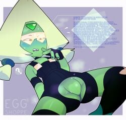 armband black_clothing blushing confused eggshoppe experiment featureless_crotch flat_chest glasses gloves green_body green_hair green_shoes green_skin hearts_around_body instructions lying_on_back overalls peridot_(steven_universe) question_mark simple_background socks steven_universe sweat tied_hair visor