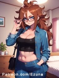 ai_generated android_21 android_21_(human) big_ass big_breasts big_butt big_thighs blue_eyes blush brown_hair dragon_ball dragon_ball_z ezuna glasses huge_ass huge_breasts huge_butt huge_thighs office_lady wanuze wide_hips